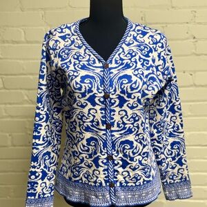 Icelandic Design, Blue and White Patterned Women's Cardigan Sweater, Size M